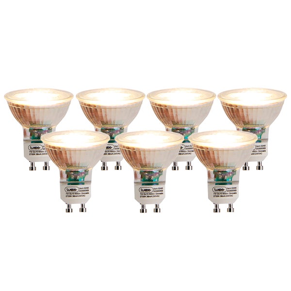 Siebener-Pack dimmbare GU10 LED-Leuchtmittel, 7 Watt, 500 Lumen, warmweißes Licht, Reflektorform.