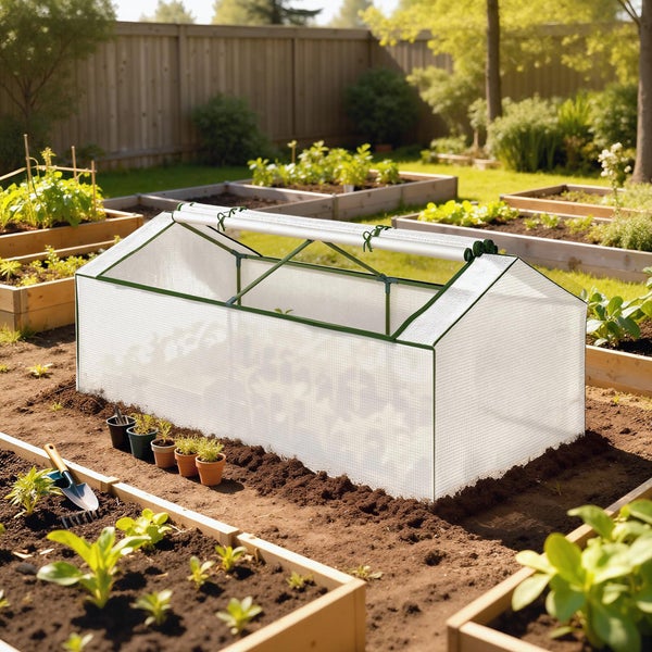 Kleines Foliengewächshaus mit grünem Rahmen auf einem Gartenbeet, umgeben von organisierten Holz-Hochbeeten mit Jungpflanzen und Gartenwerkzeug.