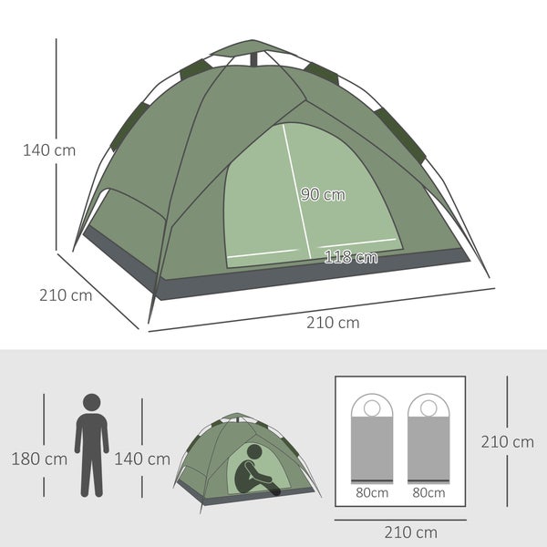 Outsunny Campingzelt, Doppelzelt,  210 x 210 x 140 cm, Polyester + Glasfaser, Dunkelgrün