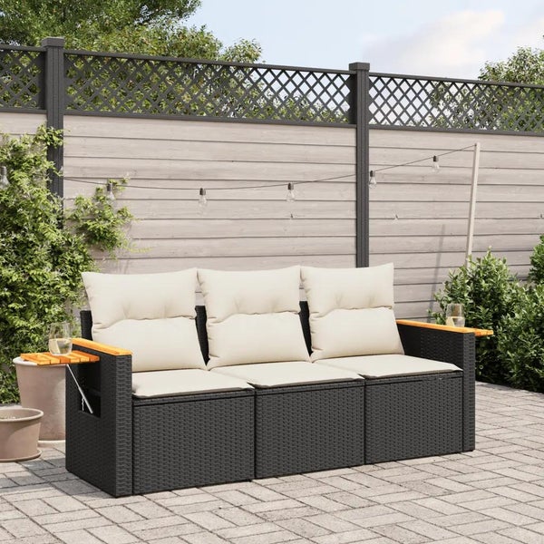 3-tlg. Garten-Sofagarnitur mit Kissen Schwarz Poly Rattan