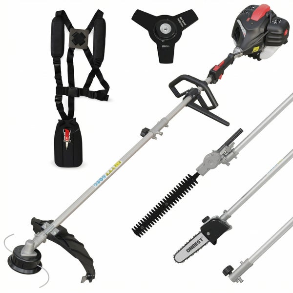 Benzin-Multifunktionswerkzeug mit Heckenschere, Hochentaster, Rasentrimmer, Sense und Tragegurt