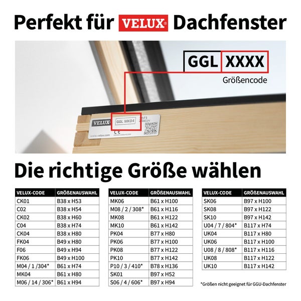 VELUX Logo. Infografik zur Größenauswahl für Dachfenster mit Tabelle der Velux-Codes und Maße sowie Anleitung zum Ablesen des Größencodes.