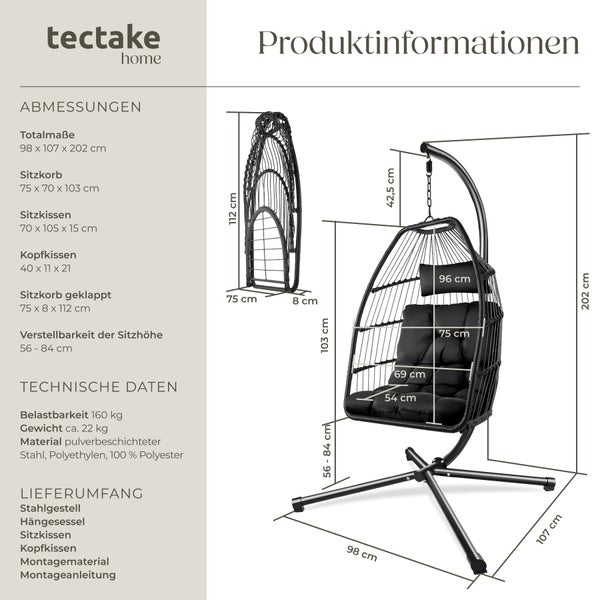 Hängesessel tectake Ariane inklusive Schutzhülle, 98 x 107 x 202 cm mit extra dickem Sitz- und Kopfkissen schwarz