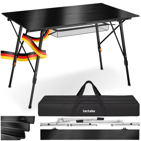 Klappbarer Camping-Alu-Rolltisch von tectake in Schwarz mit höhenverstellbaren Beinen, Ablagenetz und Tragetasche.