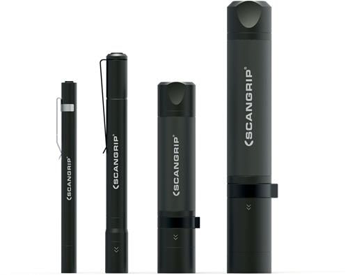 Vier Scangrip Arbeitsleuchten in unterschiedlichen Größen nebeneinander.