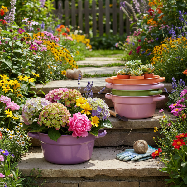 Bunte Pflanzschalen auf Steinstufen in einem hellen, blühenden Garten mit Hortensien, Sukkulenten und Gartenhandschuhen.
