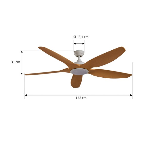 Deckenventilator mit 5 Flügeln in Holzoptik und Licht. Durchmesser 152 Zentimeter, Höhe 31 Zentimeter, Baldachin Durchmesser 13,1 Zentimeter.