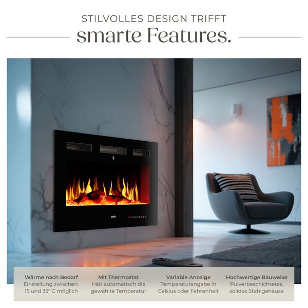 Dekorativer Elektrokamin mit einstellbarer Temperatur in modernem Wohnzimmer