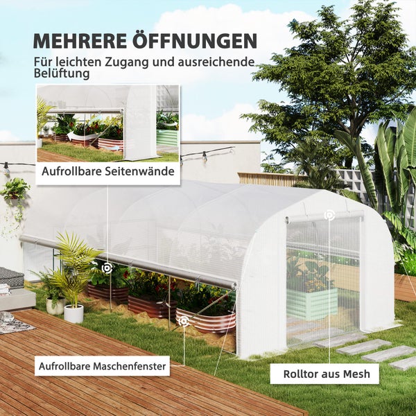 Outsunny Gewächshaus 6 x 3 x 2 m Foliengewächshaus mit 8 Fenster & Tür, Aufrollbar Seitenwänden, UV-beständiger Folientunnel Tomatenhaus mit verzinkten Stahlrahmen, Weiß
