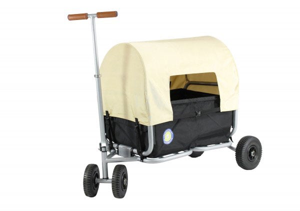 Faltbarer Bollerwagen mit abnehmbarem Dach und Metallgestell zum Transportieren von Gegenständen.