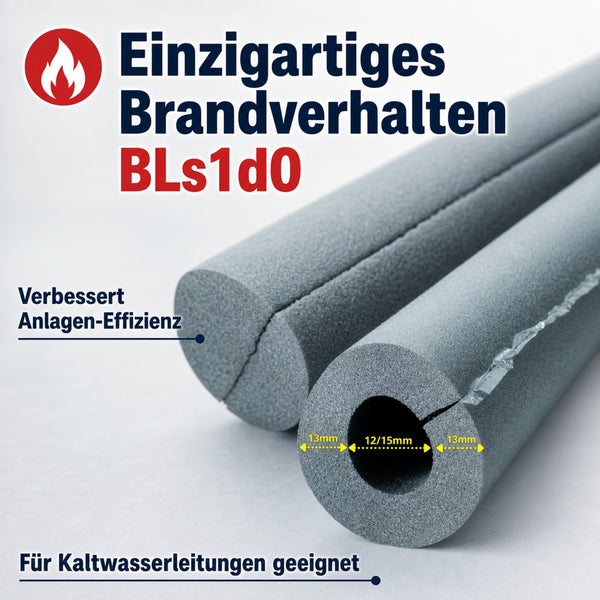 Rohrisolierung aus Schaumstoff zur effizienten Dämmung von Kaltwasserleitungen mit Brandschutzklasse BLs1d0 und 13 Millimeter Wandstärke.