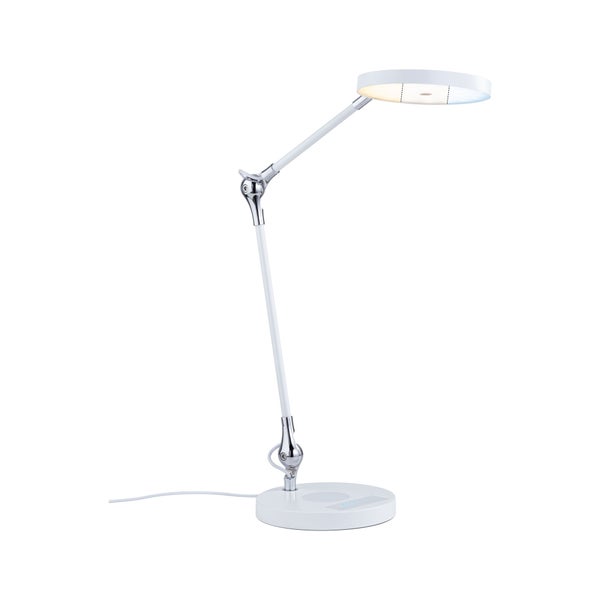 Moderne, verstellbare LED-Schreibtischleuchte mit rundem Lampenkopf und Touch-Bedienfeld am Standfuß.