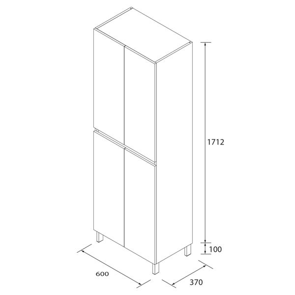 Technische Zeichnung eines Hochschranks mit vier Türen und Füßen, Breite 600 Millimeter, Tiefe 370 Millimeter, Höhe 1712 Millimeter.