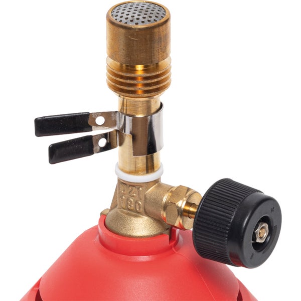 Rothenberger Industrial Bunsenbrenner mit Gaskartusche, Messingbrennerkopf und schwarzem Regulierknopf.