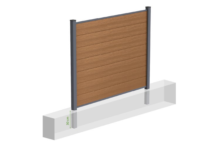 Sichtschutzzaun aus Lamellen in Holzoptik mit anthrazitfarbenen Metallpfosten und einer Fundamenttiefe von 30 Zentimetern.