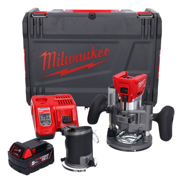 Milwaukee Akku-Oberfräsen-Set mit Akku, Ladegerät, zwei Fräskörben und Transportkoffer.