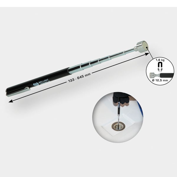 Ausziehbarer Magnetheber mit einer Länge von 133 bis 645 Millimeter, einer Magnetkraft von 1,6 Kilogramm und einem Durchmesser von 12,5 Millimeter.