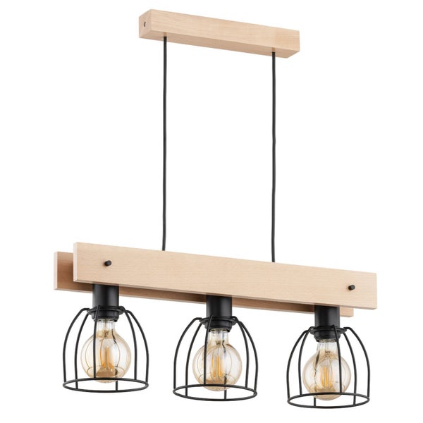Drei flammige Pendelleuchte aus Holz und Metall in Käfig Optik für den Innenbereich
