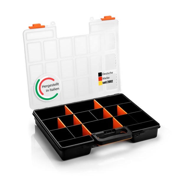 BigDean Sortimentskasten stapelbar 38x33x6cm praktische Sortierbox mit 16 Fächern – Werkzeugkoffer leer Organizer Box Sortierkasten - Sortierboxen für Kleinteile - Made in Italy