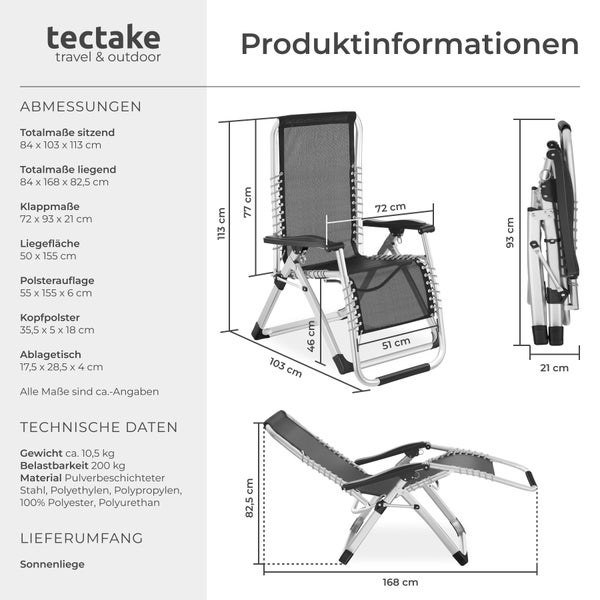 Sonnenliege tectake Cloud 84 x 168 x 82,5 cm, mit Ablagetisch klappbar schwarz