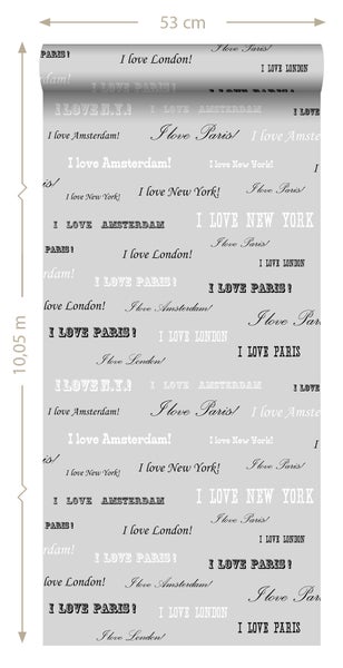 Tapetenrolle mit dem Aufdruck Ich liebe Amsterdam, Ich liebe Paris, Ich liebe New York und Ich liebe London, 53 cm breit, 10,05 m lang