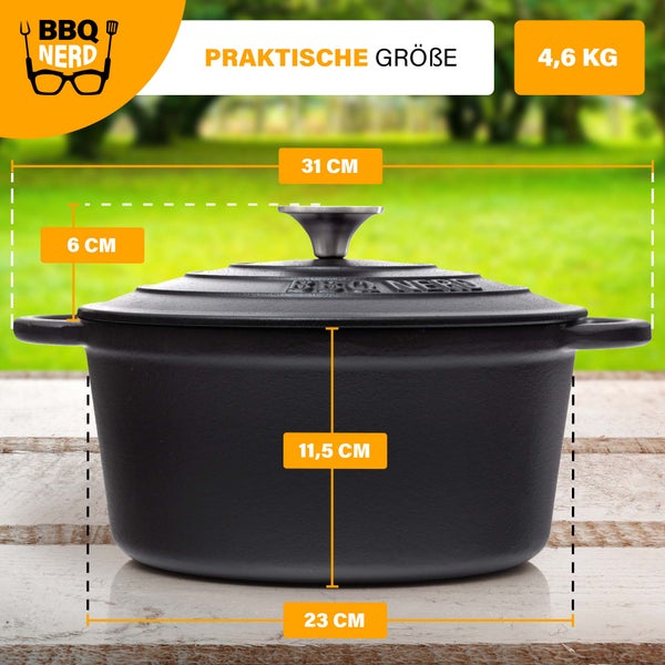 BBQ-Nerd Bräter (rund) mit Deckel 4 L aus Gusseisen mit Emaille-Beschichtung | Bratentopf Kochtopf Gusseisentopf - ideal zum langsamen Garen | Energieeffiziente, wärmespeichernde Cocotte