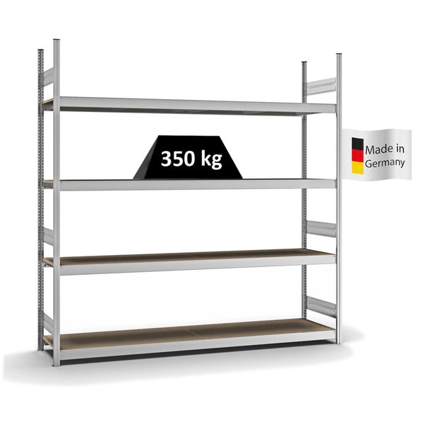 PROREGAL Weitspannregal Stecksystem T-Profil Grundregal HxBxT 250x250x50 cm 4 Ebenen Spanplatten Fachboden Fachlast 350 kg Verzinkt