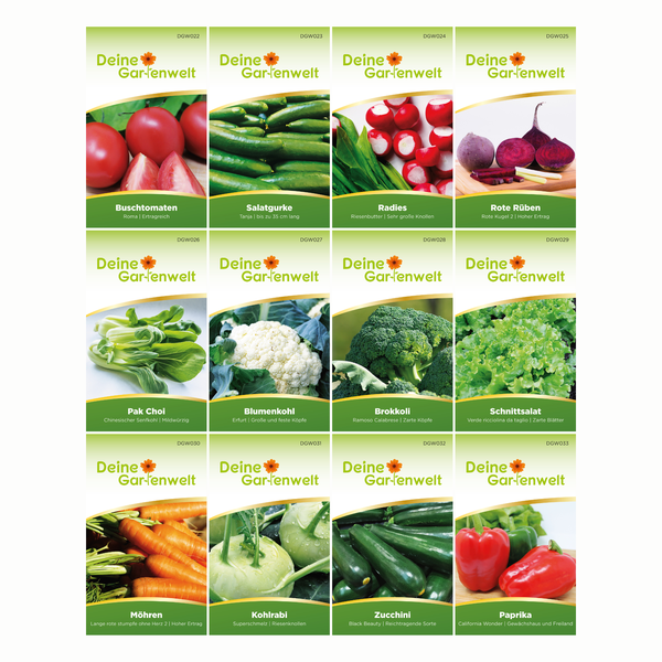 Sortiment von zwölf Gemüsesamen-Packungen der Marke Deine Gartenwelt mit Sorten wie Tomaten, Gurken, Radieschen, Kohlrabi und Paprika.
