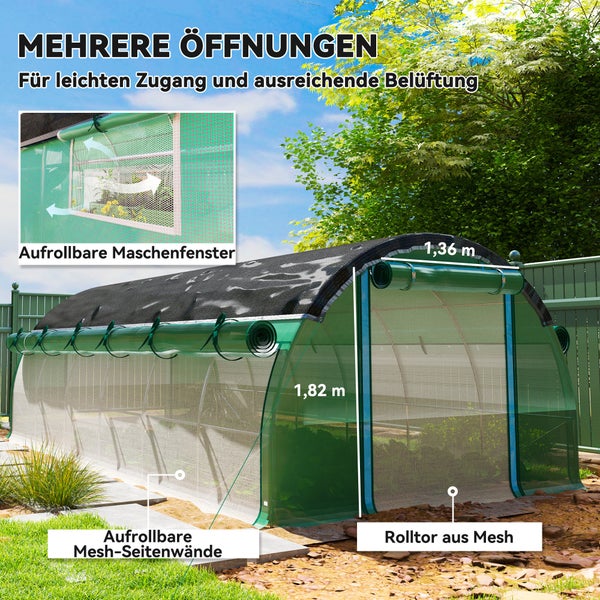 Outsunny Gewächshaus 6 x 3 x 2 m Foliengewächshaus mit 12 Fenster, Rolltüren, Aufrollbar Seitenwänden, UV-beständiger Folientunnel, Winterfest Tomatenhaus mit Erdanker, Grün