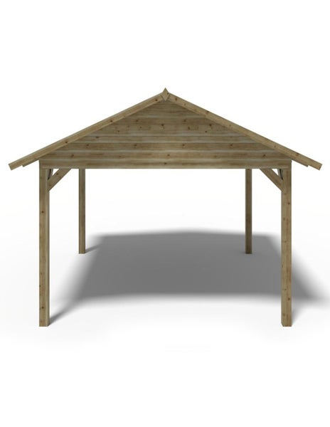 Freistehender Holzcarport mit Satteldach und vier stabilen Pfosten zur Fahrzeugüberdachung.