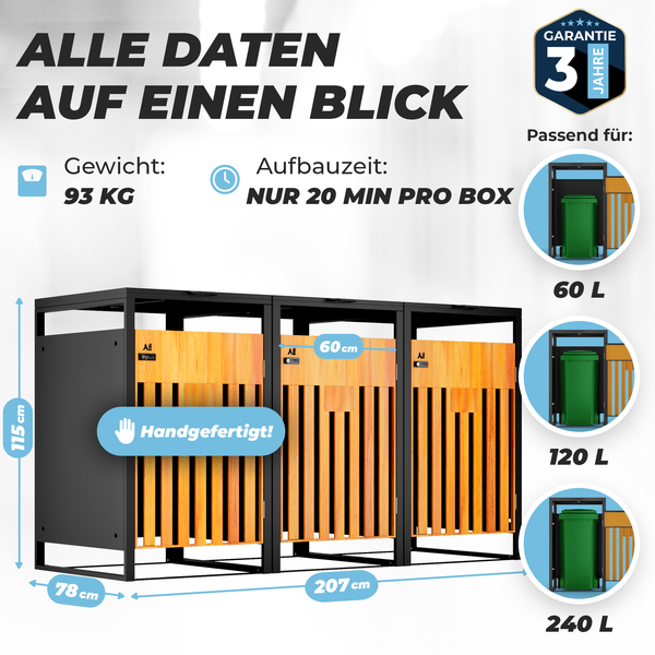 ALL Premium Mülltonnenbox 3er – Abschließbar, wetterfest & edle Holzoptik, für Garten, Hof & Straße, beliebig erweiterbar, legierter Stahl robust & langlebig