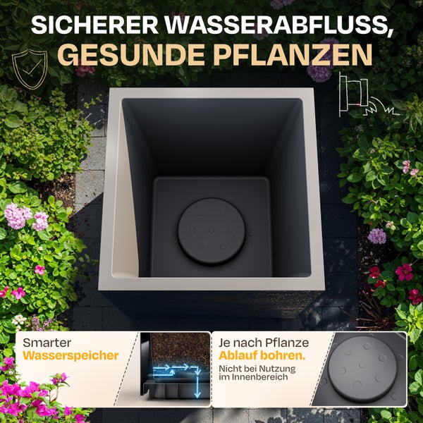 Quadratischer Pflanzkübel mit integriertem Wasserspeicher und optionaler Drainage für den Außenbereich.