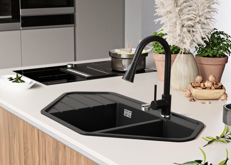 PRIMAGRAN Eckspüle Alles Schwarz 90x50cm, Granitspüle 1,5 Becken + Ablauf-Set, Küchenspüle ab 80er Unterschrank - Kopenhagen Corner