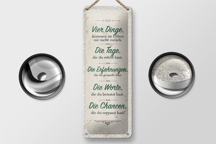 Blechschild Spruch Vier Dinge kommen nie zurück 10x27cm Dekoration
