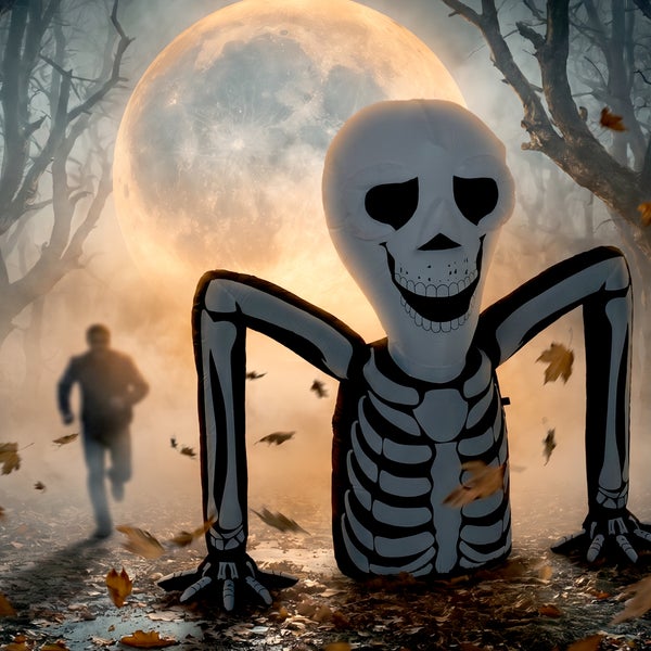 Aufblasbares Skelett als Halloween Dekoration vor einem Vollmond im Wald