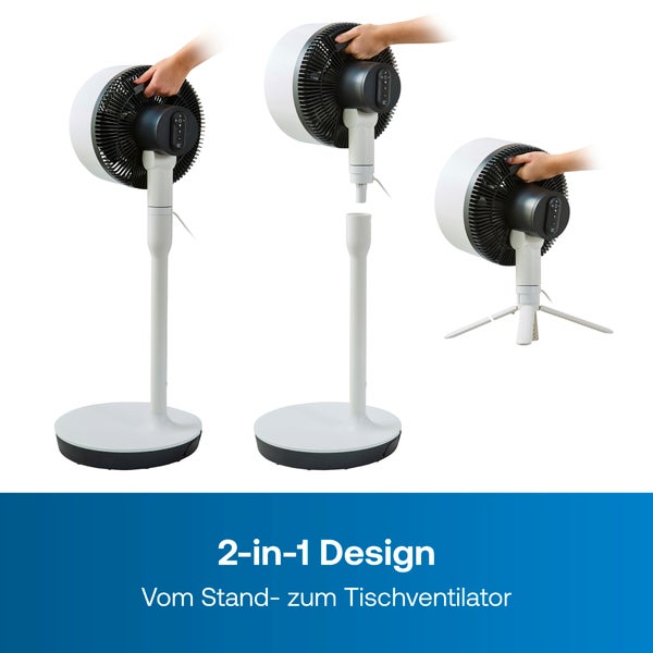 Weißer und schwarzer 2-in-1 Ventilator, der vom Standventilator zum Tischventilator mit Dreibeinstativ umgebaut wird.