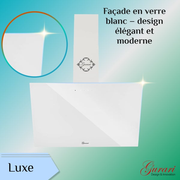 Gurari Dunstabzugshaube mit weißer Glasfront, modernem Design und Kaminabdeckung sowie Gurari Logo.