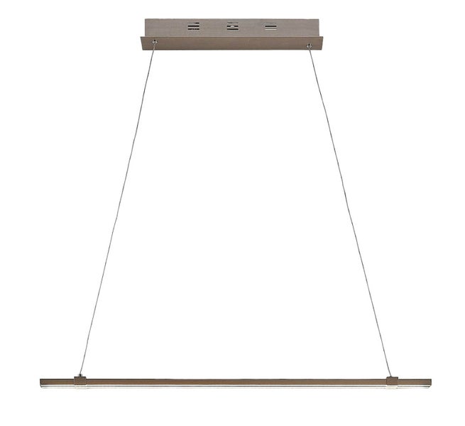 Moderne LED-Pendelleuchte in schmaler Balkenform aus Metall in Bronze-Optik mit Seilaufhängung.