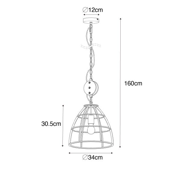 Maßzeichnung einer Hängeleuchte mit Metallkorb Schirm, Höhe 160 Zentimeter, Durchmesser 34 Zentimeter, Deckenanschluss 12 Zentimeter Durchmesser.