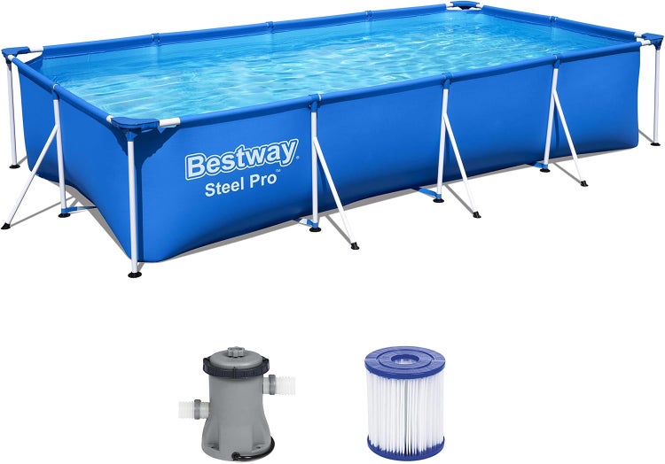 Bestway Steel Pro rechteckiger blauer Frame Pool mit Filterpumpe und Filterkartusche.