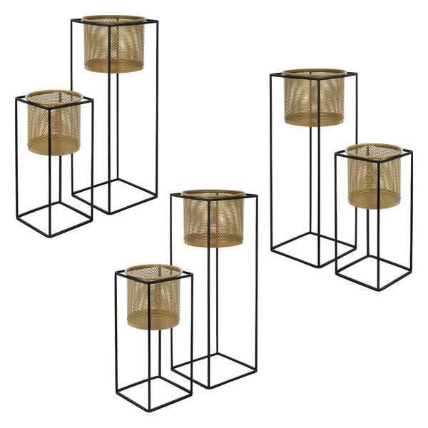 ML-Design Blumenständer 6er Set, Schwarz-Gold, 21x21x47/25x25x71 cm, aus Stahl, Blumentopfständer mit Übertopf, Metall Pflanzenständer, Blumentopfhalter 6-tlg, Pflanztopf Deko Blumensäule Blumenhocker
