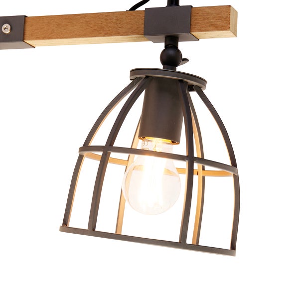 Moderne Deckenleuchte im Industrial Stil mit Holzbalken und Metallkaefigschirm mit LED Leuchtmittel