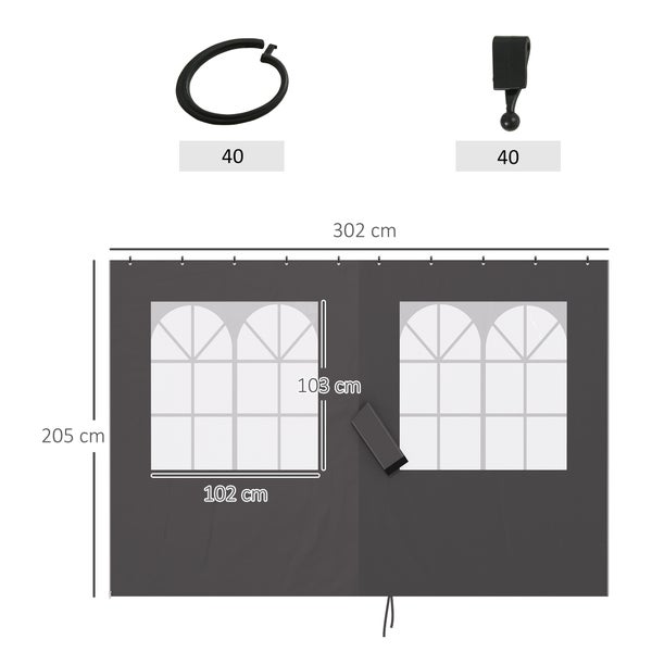 Outsunny Seitenwand 4er Set für 3 x 3 m Pavillon Seitenteile mit 8 Fenster Klettverschluss 302x205 cm Wasserdicht stabil winterfest Seitenteil Seitenwände für Partyzelt Gartenpavillon Dunkelgrau