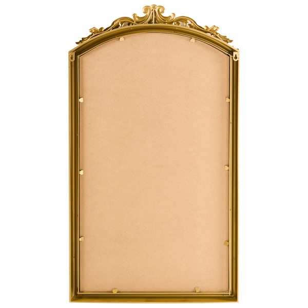 Rückansicht eines goldfarbenen Wandspiegels mit verzierter Oberseite und integrierten Aufhängern.