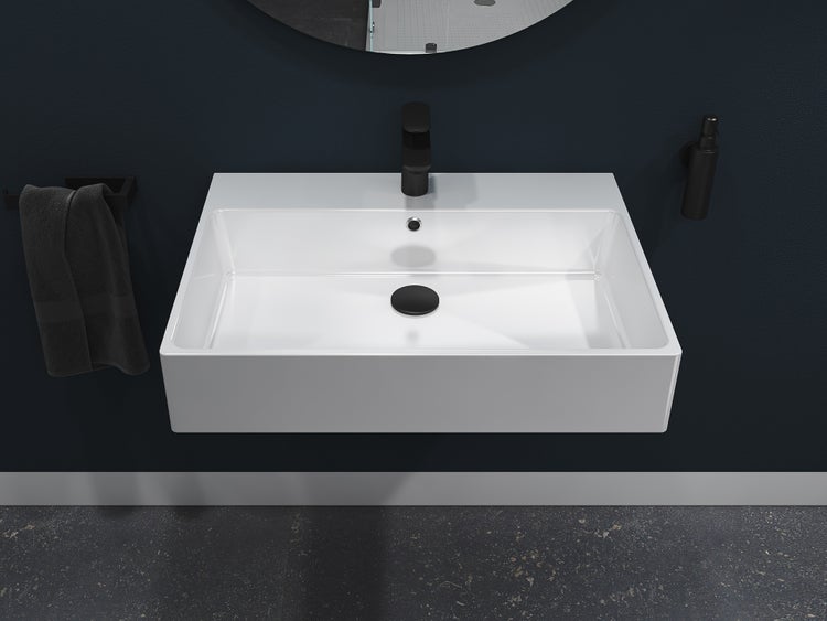 Aqua Bagno Solo Waschbecken 10.05.30.02 – 70 x 50 cm – Weiß Hochglanz – Keramikbecken mit Hahnloch & Überlauf