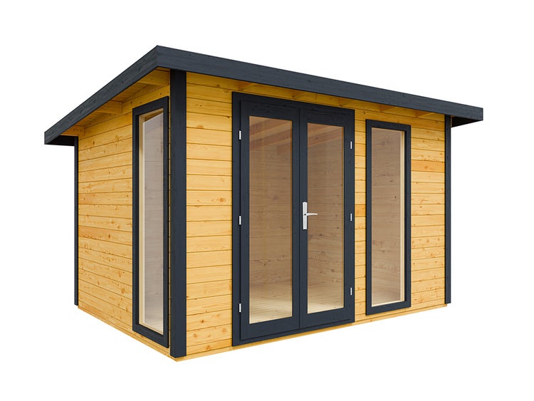 Modernes Gartenhaus aus Holz mit Pultdach, einer Glas-Doppeltür und zwei großen bodentiefen Fenstern.