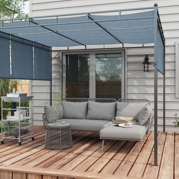 Outsunny 3 tlg. Rattan Gartenmöbel-Set, Sitzgruppe mit Kissen, Gartengarnitur mit 1 Beistelltisch, 1 Liegestuhl, 1 Doppelsofa, Sitzgarnitur für Garten, Terrasse, Stahl, Hellgrau