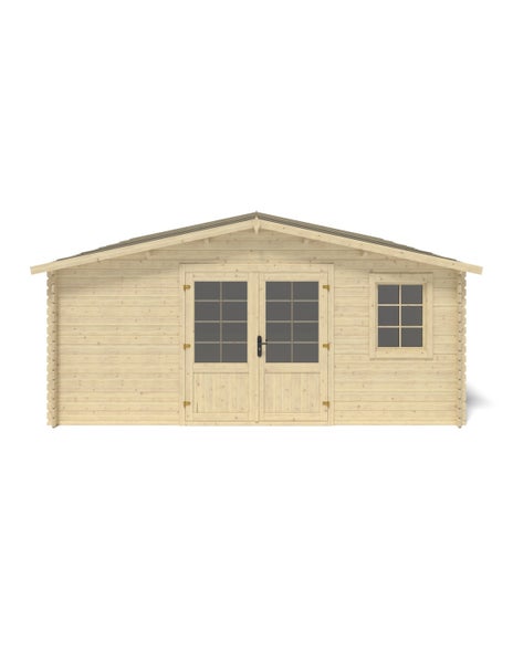 Gartenhaus aus hellem Holz mit Doppeltür, Sprossenfenstern und Satteldach.
