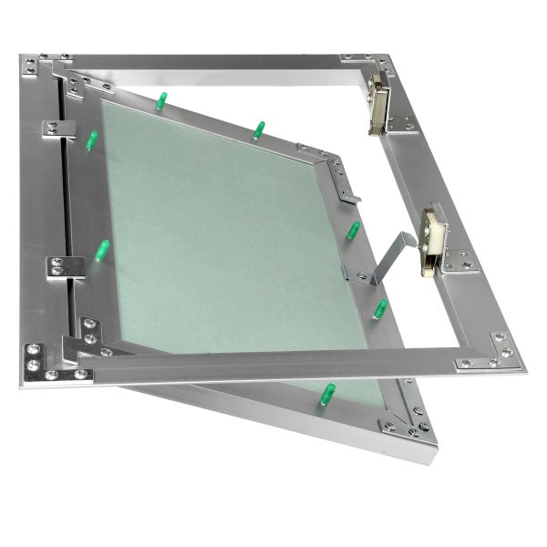 Revisionsklappe aus Aluminium mit Gipskartoneinlage, offen dargestellt mit Verschlussmechanismus und Scharnieren.