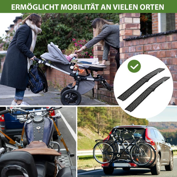 Mehrere Szenen zeigen Mobilitätshilfen und Transportlösungen: Eine Frau schiebt einen Kinderwagen, eine Rampe überwindet eine Stufe, ein Motorrad wird transportiert und ein Auto transportiert Fahrräder.